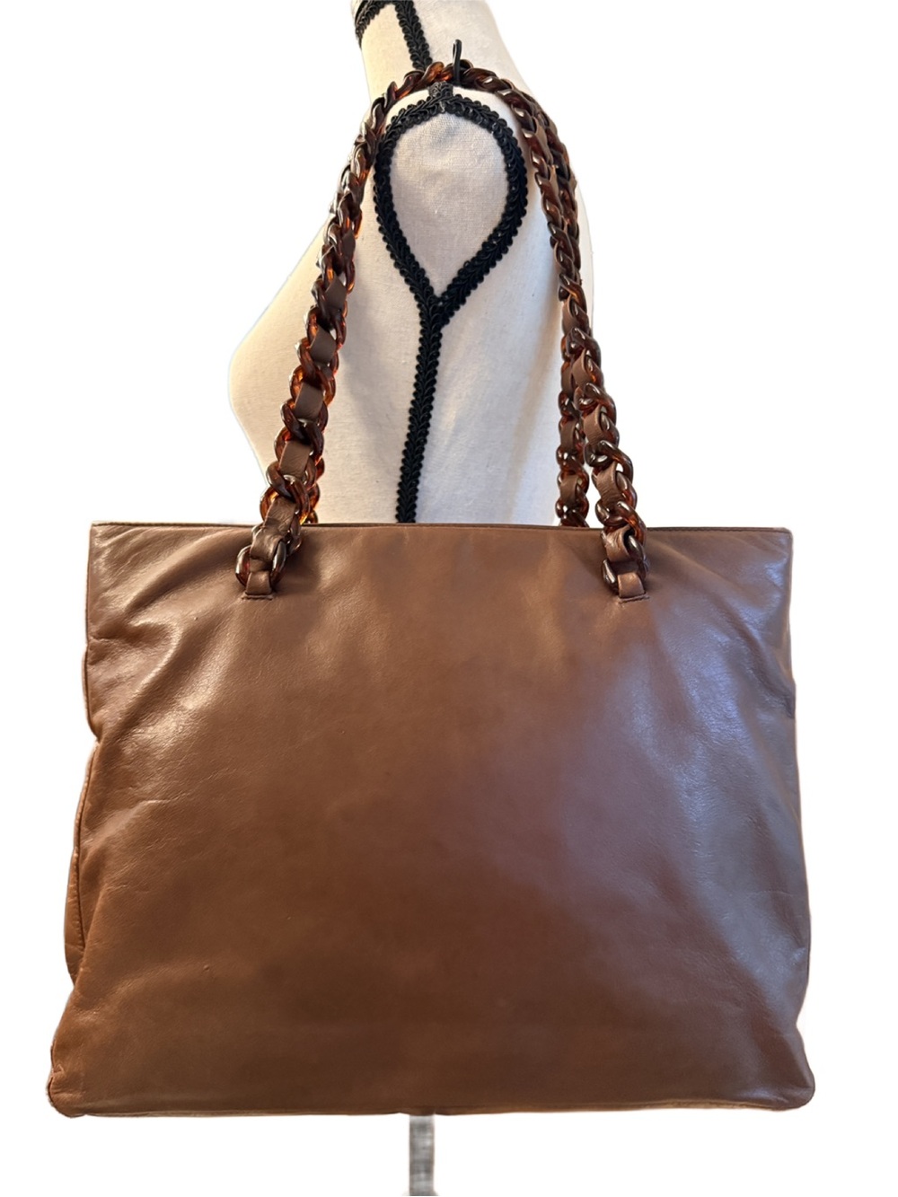 Prada Tessuto Nappa Leather Brown Tortoiseshell Chain Tote Bag w COA - Picture 5 of 16
